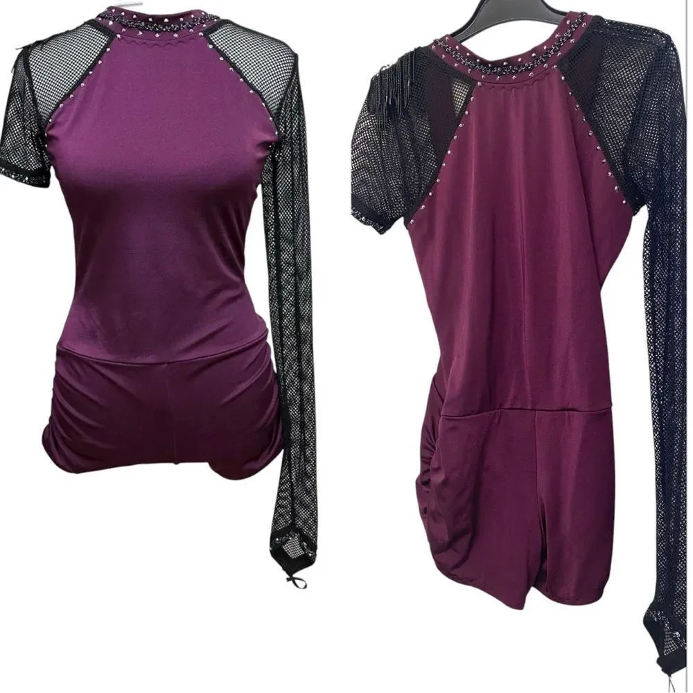 Custom Solo rhinestoned Dance Costume purple fishnet leotard illusion SA/MA adul